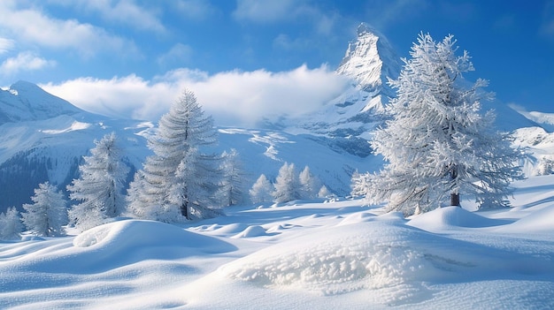 Majestic Winter Wonderland Snow Covered Alpine Mountains and Frosty Forest Trees