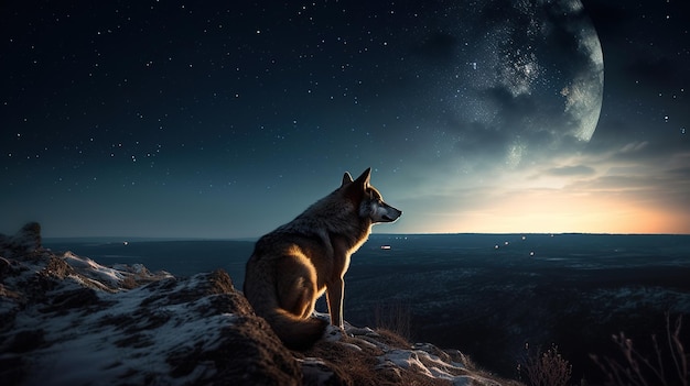 Majestic Wolf Gazing at the Moonlit Sky Generative AI