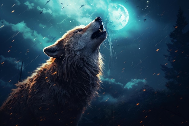 Majestic wolf howling at the moon