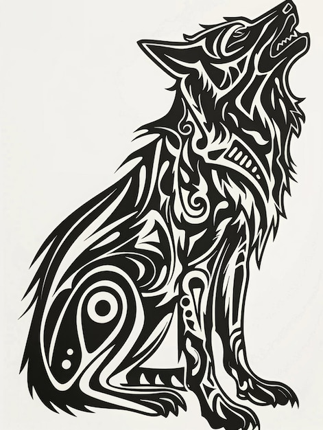 Photo majestic wolf howling at night sky a formidable contour of tribal designs