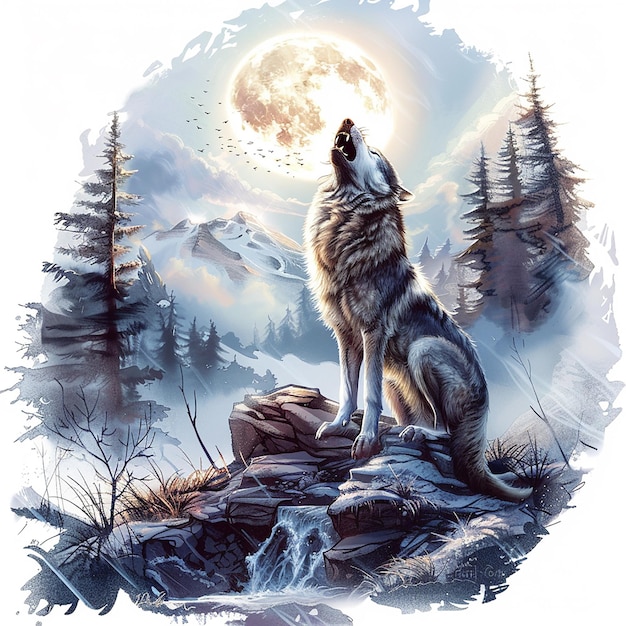 Photo majestic wolf tattoo howling at the moon