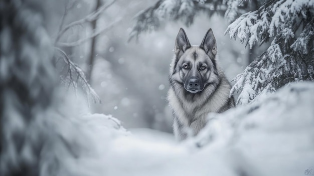 A majestic wolflike dog stands in a snowy forest creating a serene winter atmosphere