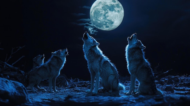 Photo majestic wolves howling at nighttime moon