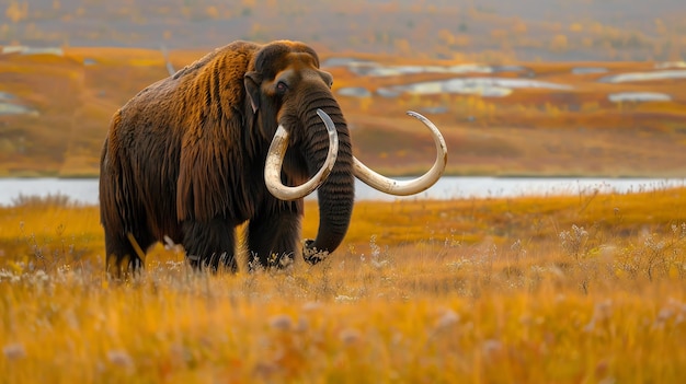 Photo a majestic woolly mammoth stands in a field of golden grass