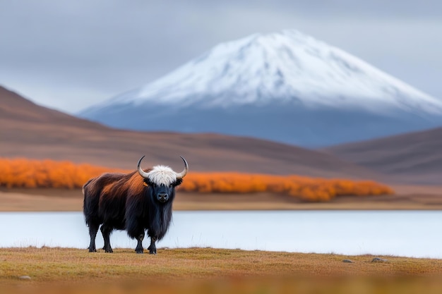 A majestic yak stands by a serene lake with a snowcapped mountain backdrop showcasing the beauty of nature39s landscape