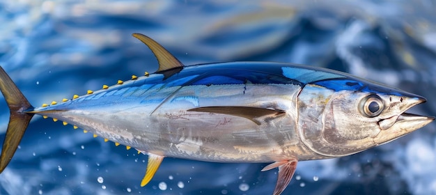 Photo majestic yellowfin tuna gliding through blue ocean waters a sustainable seafood choice