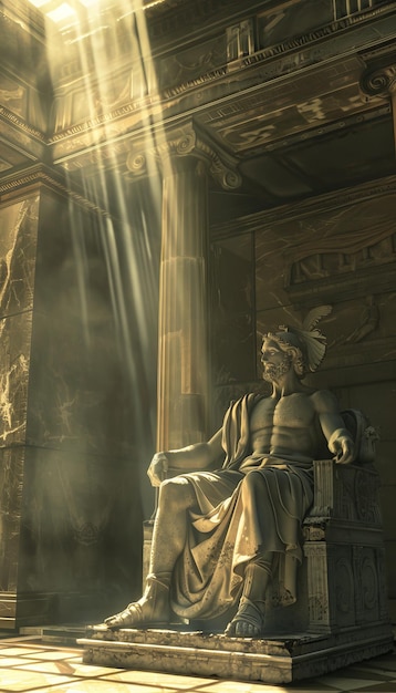 Majestic zeus statue in ancient greek temple on mt olympus beautifully sunlit in realistic photo