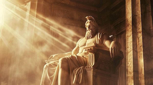 Majestic zeus statue in sunlit temple of mt olympus ancient greece realistic photo