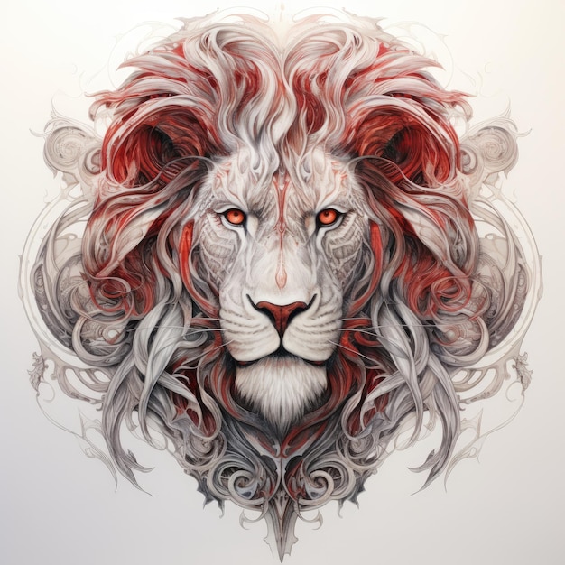 The Majestic Zodiac Lion A Subtle and Elegant Etching Masterpiece in Silver and Red Tones