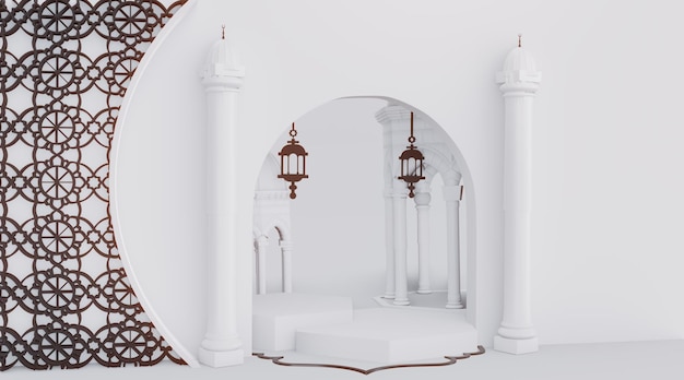 The Majesty of the Mosque 3D Render the Muslim Podium with a Beautiful and Beautiful White Backgrou