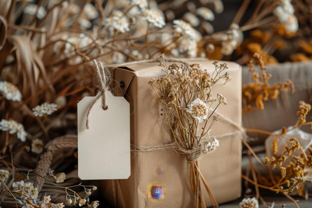 Photo make a lifestyle mockup with a background of dried flowers create a small white hang gift tag attach