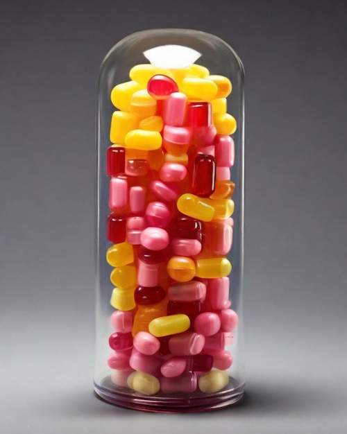 make me an small gummy candy shape like capsule use half pink and half yellow without backround