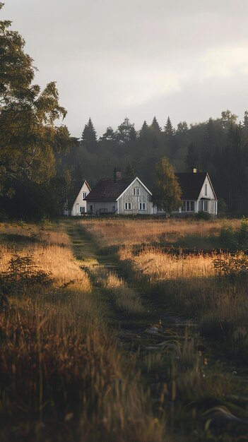 Photo make a picture of land where is 3 scandinavian looking houses all around land a forest but land only