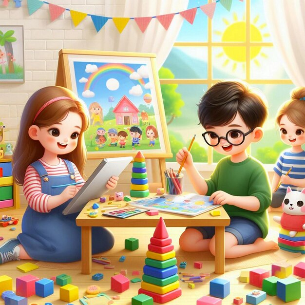 Make a Realistic A childrens day with pictures of children playing together children character