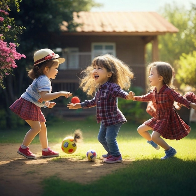 Make a Realistic A childrens day with pictures of children playing together children character