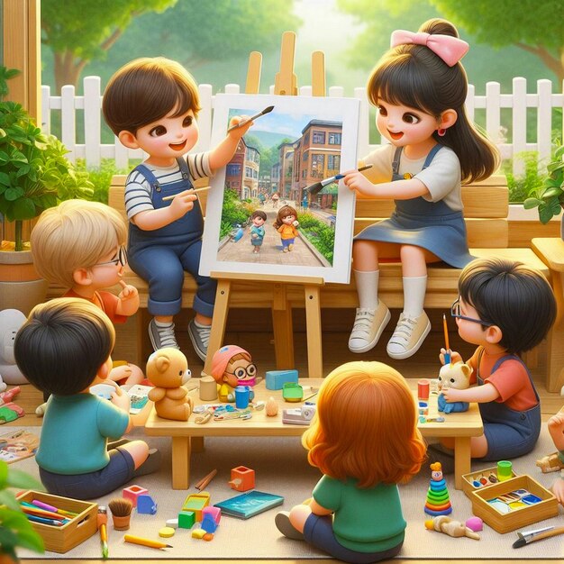 Make a Realistic A childrens day with pictures of children playing together children character