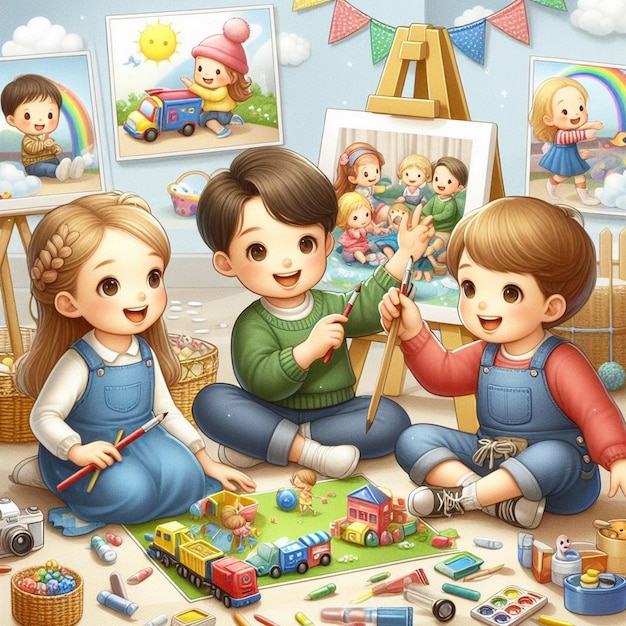 Make a Realistic A childrens day with pictures of children playing together children character