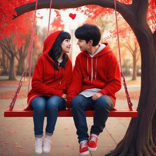 Make a Realistic romantic boy and girl kissing with a smile on the front wearing a colorful hoodie a