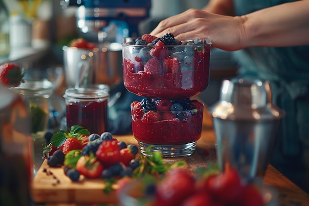 Make a smoothie with berries in the kitchen