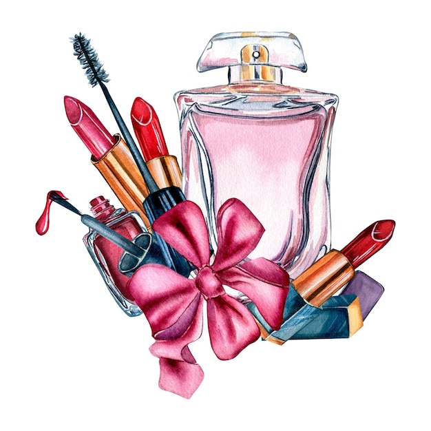 Make up cosmetic perfume watercolor illustration isolated on white background