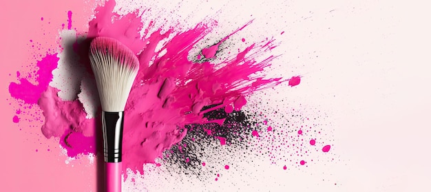 Make up pink brush with blush powder on white background Generative AI