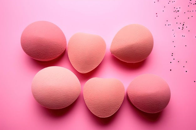 Make up sponges on a pink surface with space for text and copy