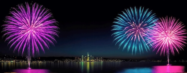 Make your content pop with this panoramic fireworks stock image featuring a captivating display and space for your message AI Generated