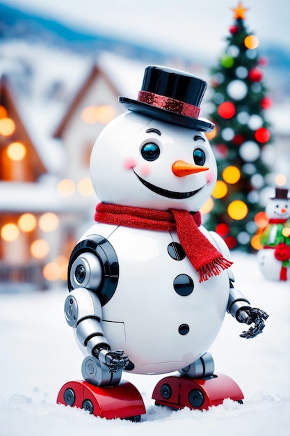 Make your holiday themed projects shine with a festive snowman robot against a backdrop of sparkling bokeh capturing the essence of Christmas AI Generated