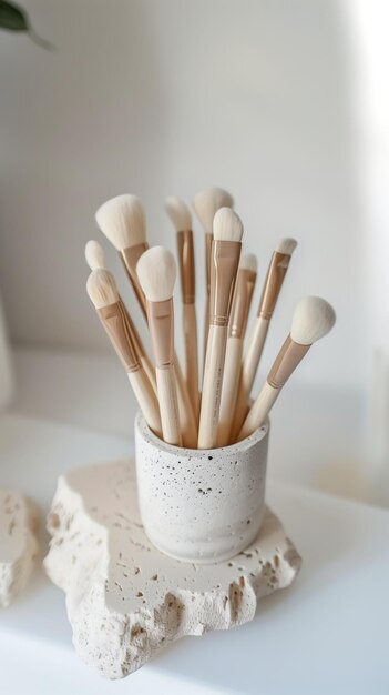 Makeup accessories brushes in a stone tumbler on light background with copy space beauty concept