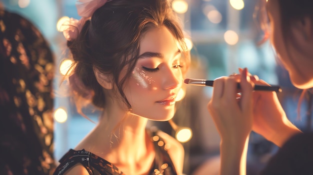 Photo a makeup artist applies glitter to a womans face with a brush