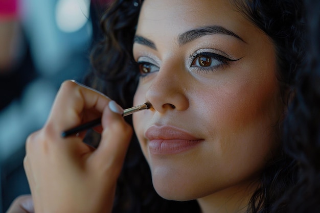 Makeup artist applies Makeup artist applies powder and blush Beautiful Latin Woman face Hand of makeup master puts blush on cheeks beauty model girl Make up in process Beautiful woman