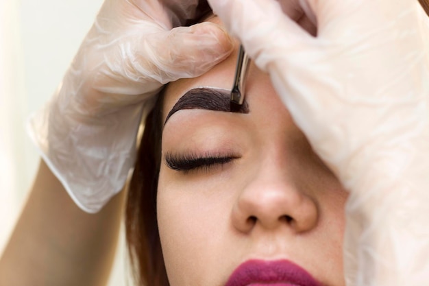 The makeup artist applies paint to the eyebrows.  Permanent makeup. Coloring with henna paint. Well-groomed eyebrows.