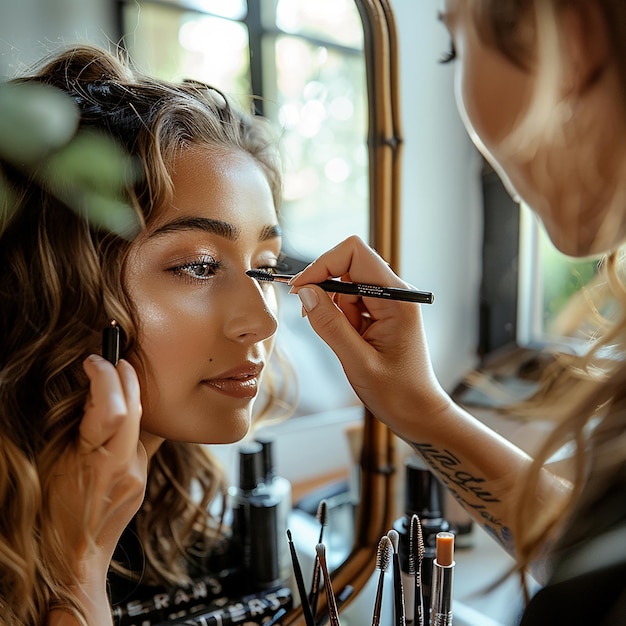 Photo makeup artist applying mascara in natural daylight reflective side view with various products