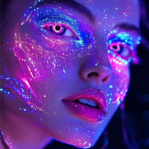 Photo makeup artist using neon pigments to create a glowing futuristic look2