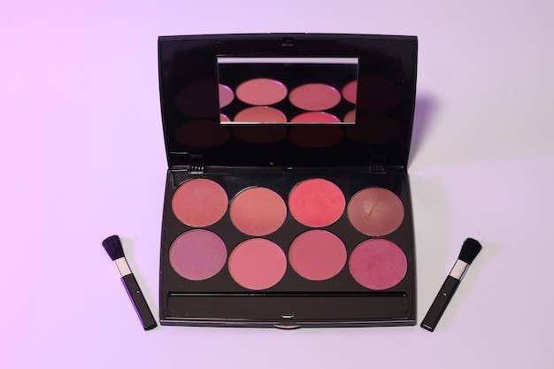 Makeup Blush Palette Top View with makeup brushes on both sides cosmetic background