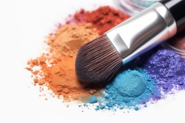 Makeup brush and colorful cosmetic powder on white background Ai generative