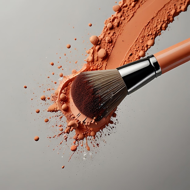 Makeup brush covered in peach colored powder