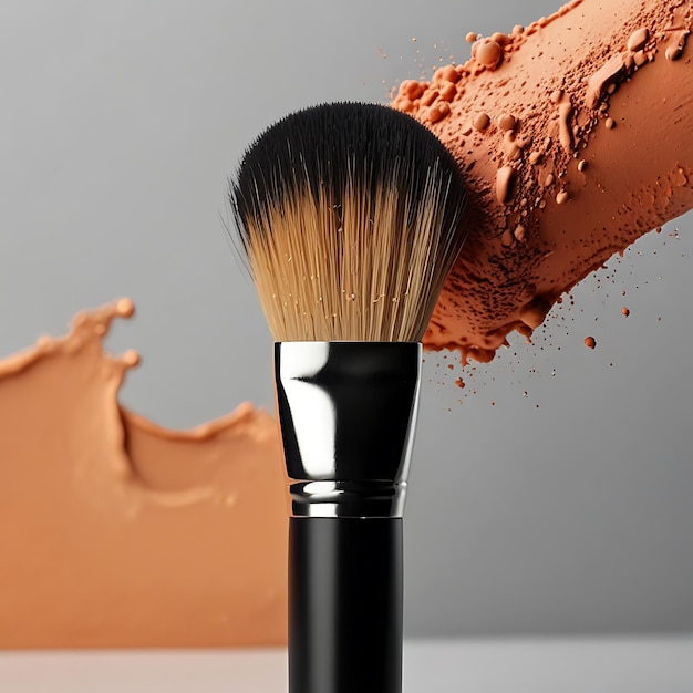 Makeup brush covered in peach colored powder