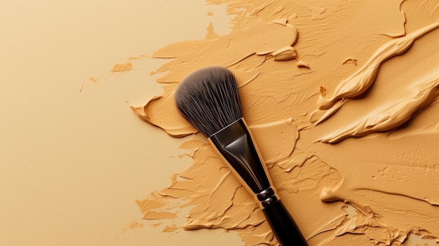 A makeup brush on a creamy beige foundation smear