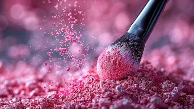 Makeup Brush Dusted with Pink Powder on Dark Background