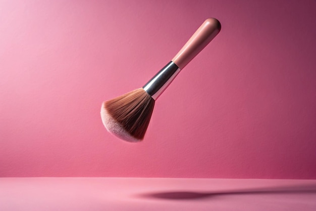 Photo makeup brush flying in antigravity on pink background with shadow levitation object in the air beauty and fashion concept creative minimalist layout