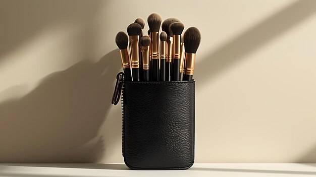 Photo makeup brush roll case mockup standing tall against a clean white surface