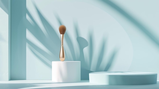 Photo a makeup brush stands elegantly on a pedestal in a minimalist setting with soft shadows