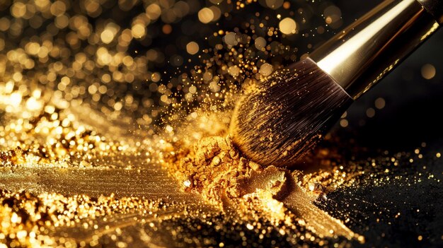 Photo makeup brush with golden glitter on a dark background brush and gold shining powder