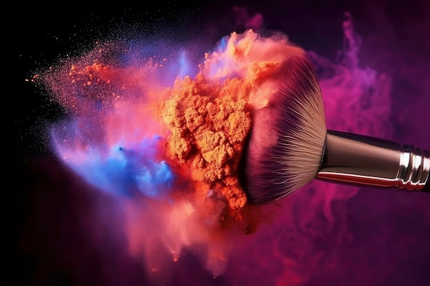 A makeup brush with a pink and blue powder being sprayed with a pink powder.