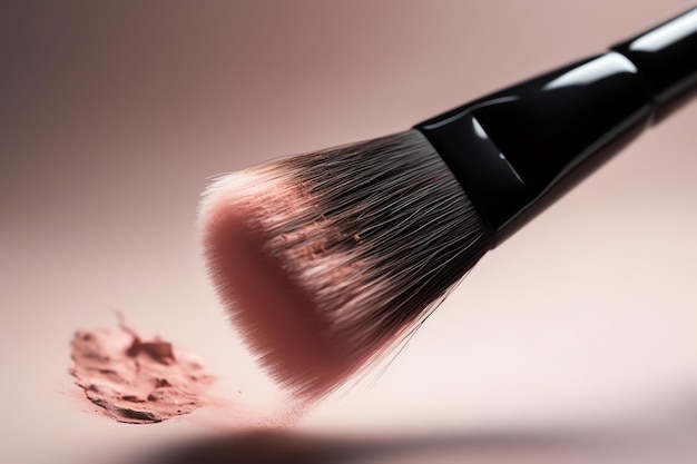 A makeup brush with a pink brush on it is being used to make a face.