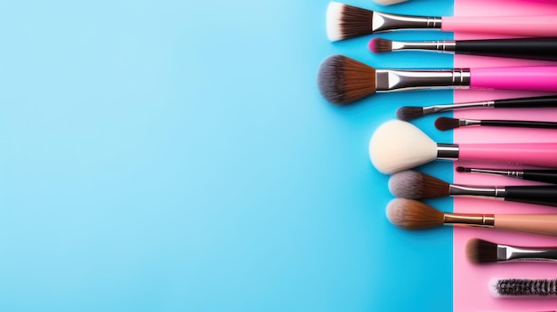 Makeup Brushes on Blue and Pink Background