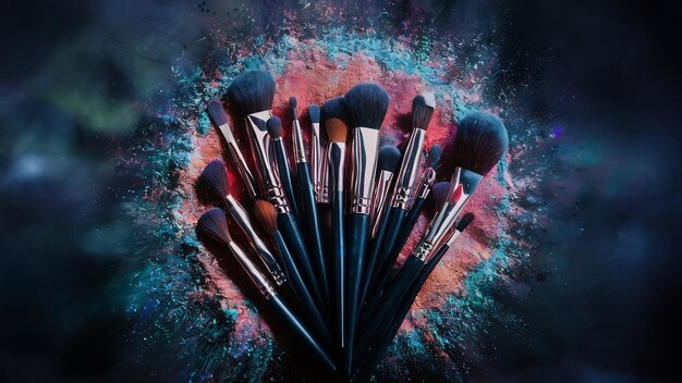 Makeup brushes and bright powder on dark background