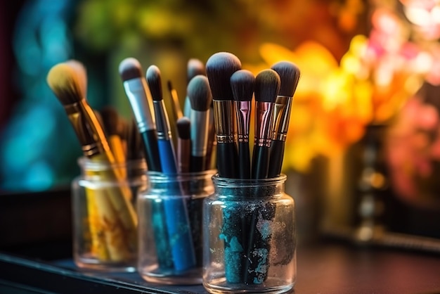 Makeup brushes in glass on a blurred background