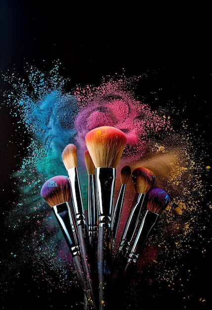 Makeup brushes with powder explosion brushes dusting black background